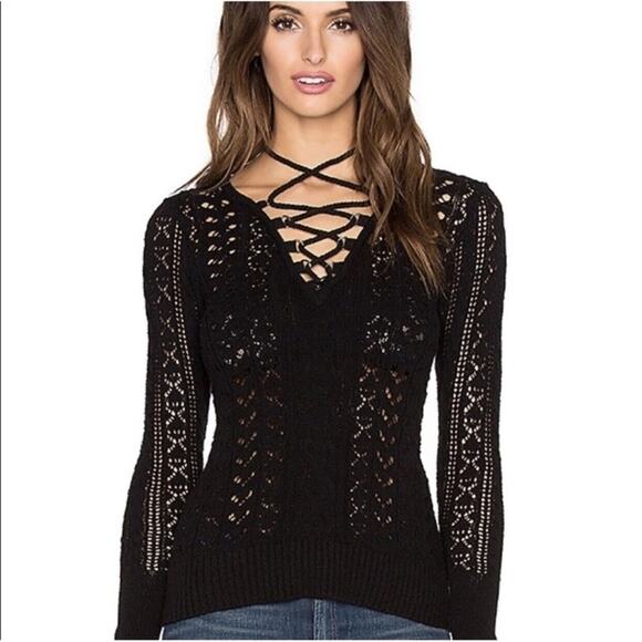 Free People Ginger Lace Up Knit Sweater Goth Whimsigoth Boho Sheer Front Tie - Picture 1 of 10